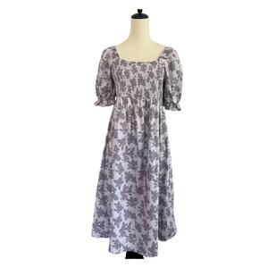 The Nines By Hatch Maternity Dress Med Purple Floral Smocked Puff Sleeves Cotton